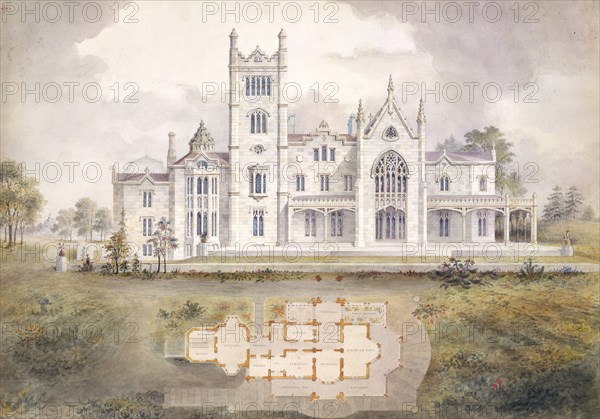 Lyndhurst for George Merritt, Tarrytown, New York (west [rear] elevation and plan), 1865.