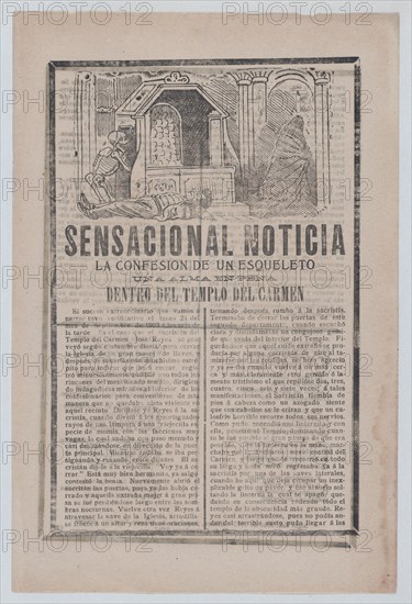 News story about the sighting of a skeleton inside a church, a man lies on the floor and a cloaked figure exits to the right, 1903.