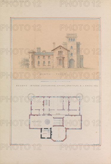 North Front and Second Floor Plan of John Munn House, Utica, New York, 1854.