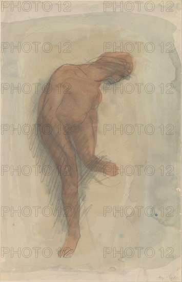 Nude female figure holding left foot, 1900-1912.