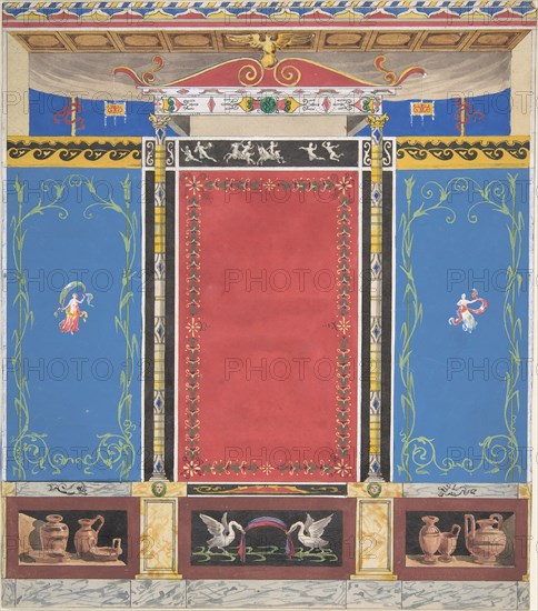 Painted Wall Decor Featuring Thin Column with a Pair of Swans and Trompe L'Oeil Vases at Base, 19th century.