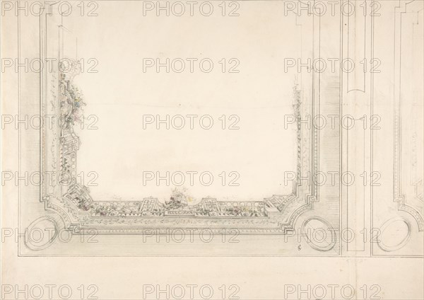 Partial design for a ceiling to be painted with a trompe l'oeil iron railing and roses, second half 19th century.