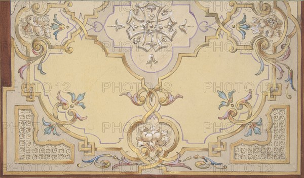 Partial design for the decoration of a ceiling with scrolls and swags of fruit, 1830-97.