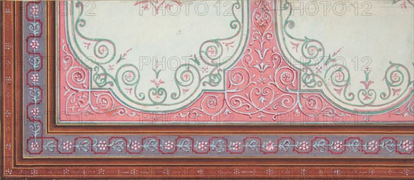 Partial design for the decoration of a ceiling with scrollwork and a border of ribbons and berries, 1830-97.