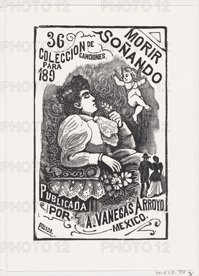 Profile of a woman sitting in a chair with her head back and holding a flower, illustration for 'Morir Soñando,' published by Antonio Vanegas Arroyo, ca. 1890.