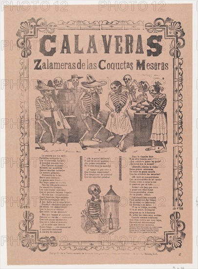 Skeletons (calaveras) dancing and drinking, corrida in bottom section, Ca. 1910.