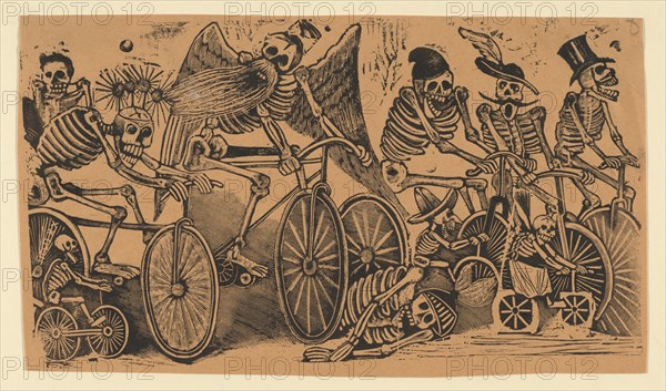 Skeletons (calaveras) riding bicycles, ca. 1900.