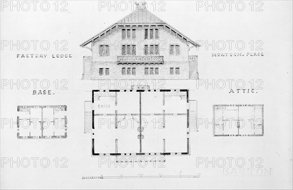 Switz[erland] Cottage (elevation and three plans), and Factory Lodge (elevation and three plans) for Montgomery Place, Annandale-on-Hudson, New York, 1866-67.