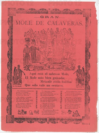 The grand skeleton mole, skeletons eating mole and drinking in a cemetery (Posada); flanked by skeletons holding scythes (Manilla), 1902.