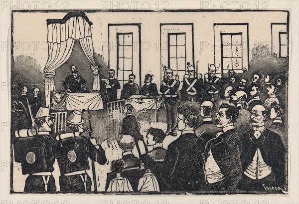 The trial of the killers of Tomas Hernandez Aguirre, [Nevraumont, Treffel, Sousa and Caballero?] from a broadside entitled 'El jurado de los asesinos del Sr. Tomás Hernández Aguirre. Defensa de los reos. La sentencia. Actitud de los criminales', ca. 1890-1891.