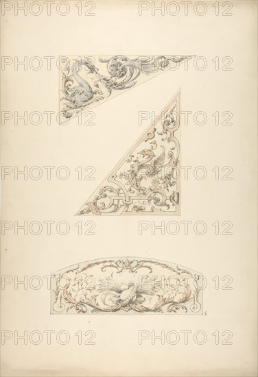 Three designs for painted decorative motifs featuring griffins and scrollwork, 1830-97.