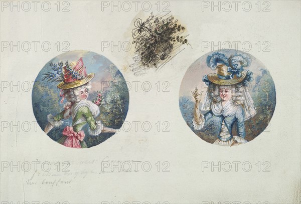 Two Costume Designs or Portrait Types of Two Women with Straw Hats, ca. 1785-90.
