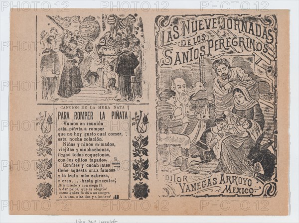 Two advertisments printed on the same sheet for materials published by Vanegas Arroyo, the one at left has verses to accompany breaking a piñata and at right, concerning religious pilgrims with an image of the Nativity, ca. 1900-1910.