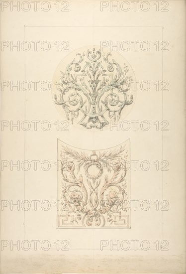 Two designs for decorative motifs featuring cornucopia and rinceaux, 1830-97.