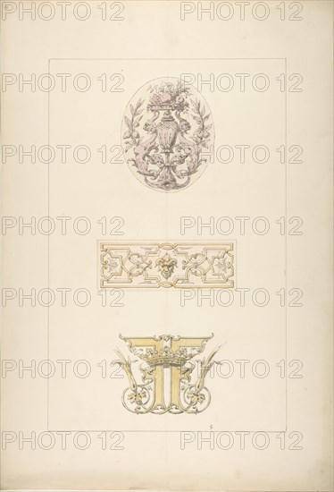Two designs for decorative panels and one design for an ornamental monogram with a crown and the initials: FF, 1830-97.