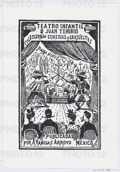 Two men dueling on a stage in front of an audience, illustration for 'Teatro Infantil de Juan Tenorio,' published by Antonio Vanegas Arroyo, ca. 1880-1910.