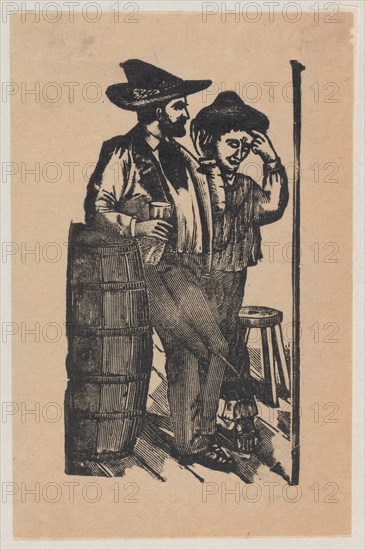 Two men leaning on a barrel and drinking, ca 1890-1910.