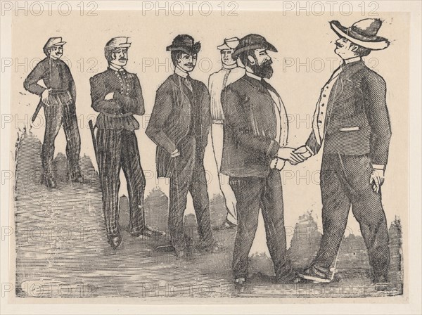 Two men shaking hands in the foreground and officers watching them in the background, ca. 1880-1910.