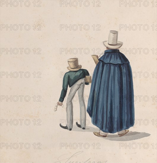 Two Peruvian fortune tellers (?) wearing top hats viewed from behind, from a group of drawings depicting Peruvian costume, ca. 1848.