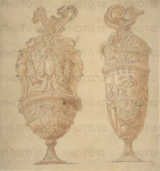 Two Urns Decorated with Human Figures, Animals and Garlands., n.d..