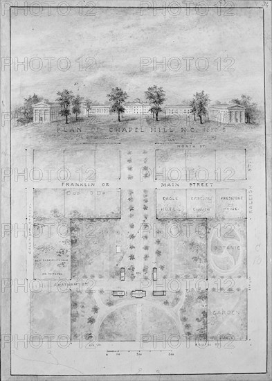 University of North Carolina, Chapel Hill (distant perspective and plan of grounds), 1850-58.