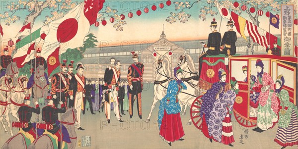 Visit of the Empress to the Third National Industrial Promotional Exhibition at Ueno Park (Ueno dai sankai naikoku kangyo hakuran kai gyoko no zu), 1889.