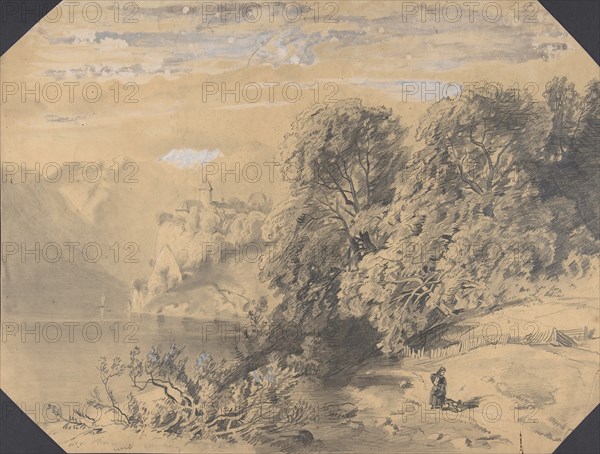 Woman with a dog by a mountain lake, early to mid-19th century.