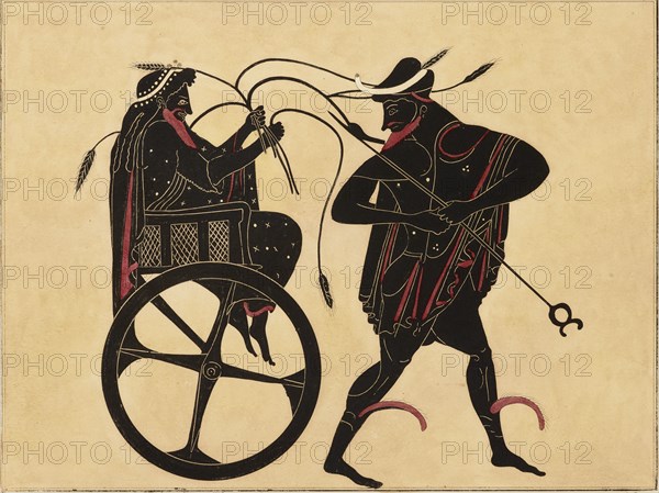 Print of the Decoration on a Greek Amphora, showing Triptolemus and Hermes, c1858. Triptolemus in his chariot, clutches stalks of wheat; Hermes stands before him, holding his caduceus.