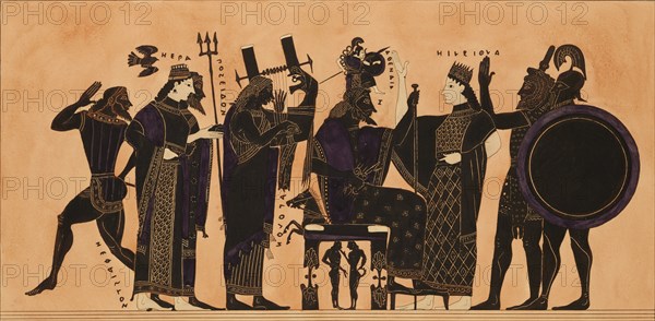 Print of the Decoration on a Greek Amphora, showing Hephaestus, Hera, Poseidon, Apollo, Zeus, Athena, Eileithyia, Heracles and Ares, c1844.