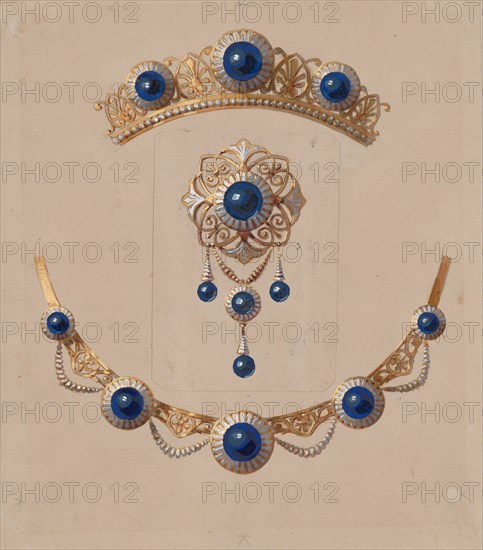 Parure of diadem, brooch and necklace with lapis lazuli and enamel, ca. 1830-70.