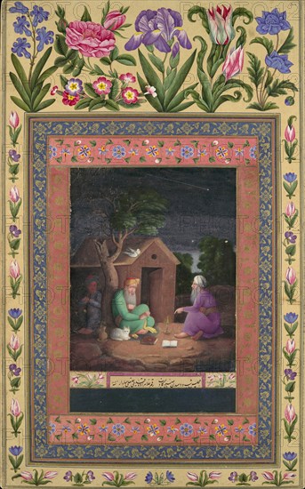 Two Old Men in Discussion Outside a Hut, Folio from the Davis Album, dated A.H. 1085/A.D. 1674-75.