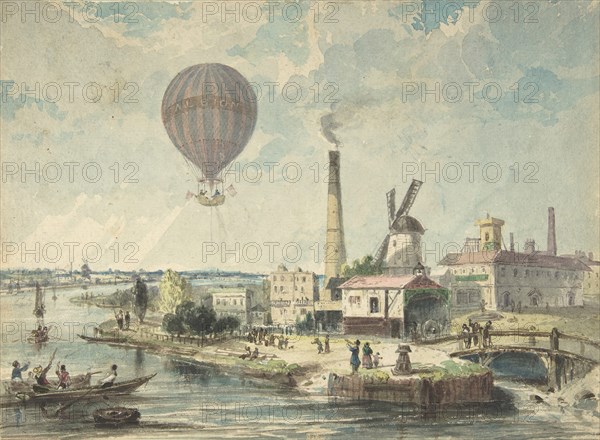 Mr. Green in the Albion Balloon, Having Ascended from Vauxhall Gardens, August 12,1842, ca. 1842.