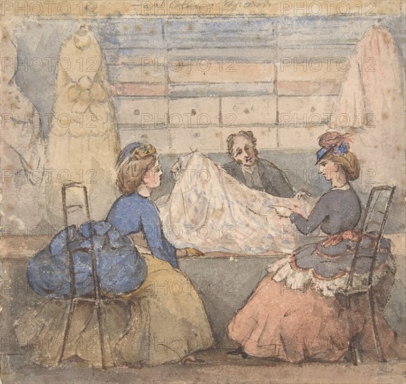 Two Women Looking at Fabric in a Shop, 19th century.