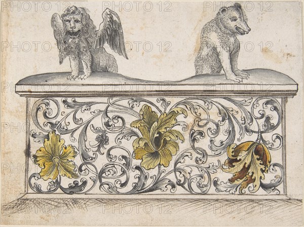 Ornamental design for front of a chest with winged lion and bear, 19th century.