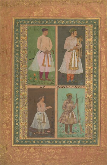Four Portraits: (upper left) A Raja (Perhaps Raja Sarang Rao), by Balchand; (upper right) 'Inayat Khan, by Daulat; (lower left) 'Abd al-Khaliq, probably by Balchand; (lower right) Jamal Khan Qaravul, by Murad, Folio from the Shah Jahan Album, recto: ca. 1610-15; verso: dated 1541.