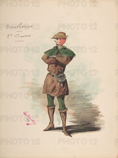 Costume Design for "Touchstone" [a]; Descriptive Sheet of Costume and Accessories [b], 1889.