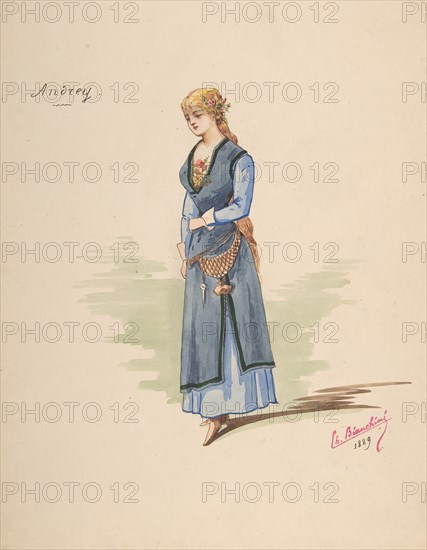 Costume Design for "Andrey" [a]; Descriptive sheet of Accessories [b], 1889.