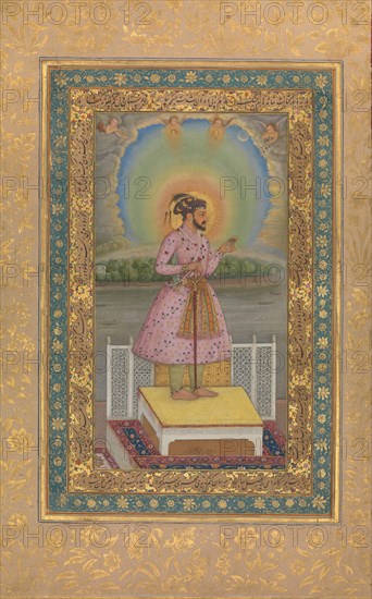 Shah Jahan on a Terrace, Holding a Pendant Set With His Portrait, Folio from the Shah Jahan Album, recto: 1627-28; verso: ca. 1530-50.