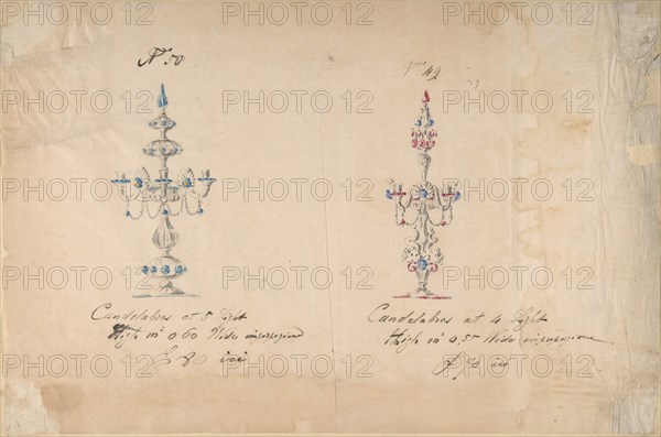 One of Twenty-Three Sheets of Drawings of Glassware (Mirrors, Chandeliers, Goblets, etc.), 1850-80.