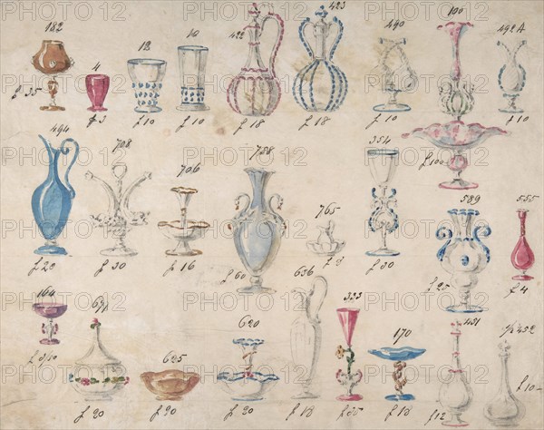 One of Twenty-Three Sheets of Drawings of Glassware (Mirrors, Chandeliers, Goblets, etc.), 1850-80.