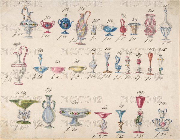 One of Twenty-Three Sheets of Drawings of Glassware (Mirrors, Chandeliers, Goblets, etc.), 1850-80.