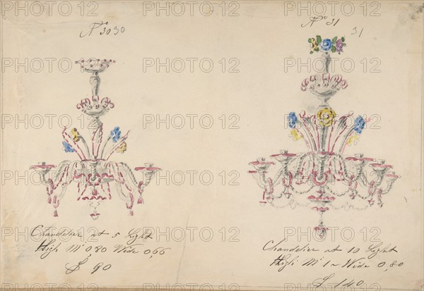 One of Twenty-Three Sheets of Drawings of Glassware (Mirrors, Chandeliers, Goblets, etc.), 1850-80.