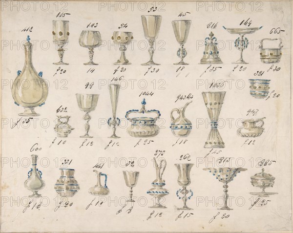 One of Twenty-Three Sheets of Drawings of Glassware (Mirrors, Chandeliers, Goblets, etc.), 1850-80.