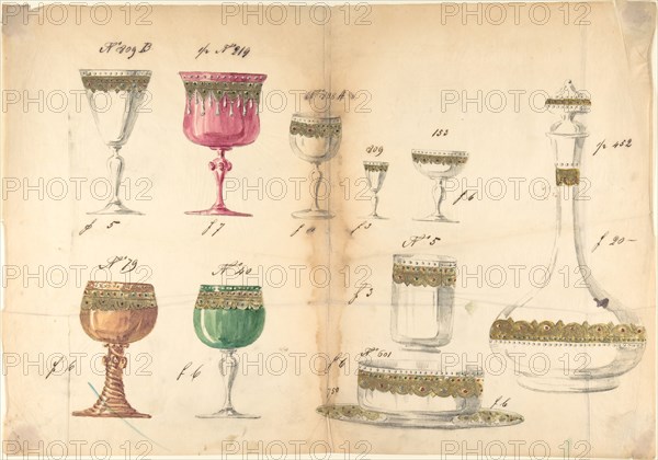 One of Twenty-Three Sheets of Drawings of Glassware (Mirrors, Chandeliers, Goblets, etc.), 1850-80.