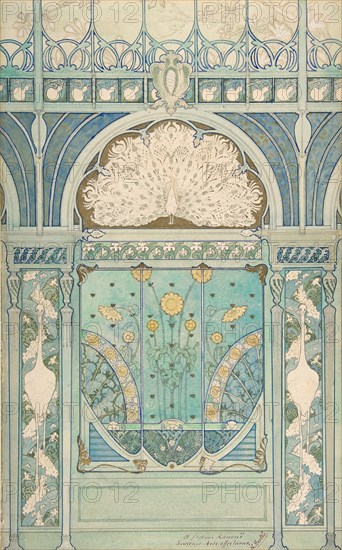 Design for a Wall Decoration with Peacock, Cranes, and Sunflowers for the Restaurant in Hotel Langham (Paris), 1896-98.