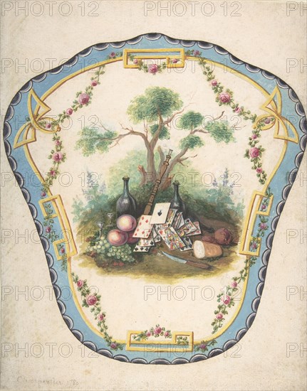 Design for a Firescreen with Picnic Scene and Playing Cards, Late 18th century.