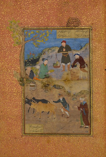 Shaikh Mahneh and the Villager, Folio 49r from a Mantiq al-tair (Language of the Birds), 1487.