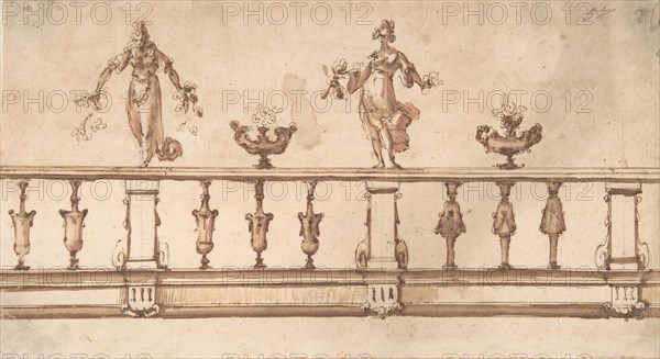 Design for a Balustrade with Female Figures and Urns, 16th-17th century.