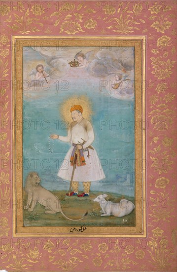 Akbar With Lion and Calf, Folio from the Shah Jahan Album, verso: ca. 1630; recto: ca. 1530-50.
