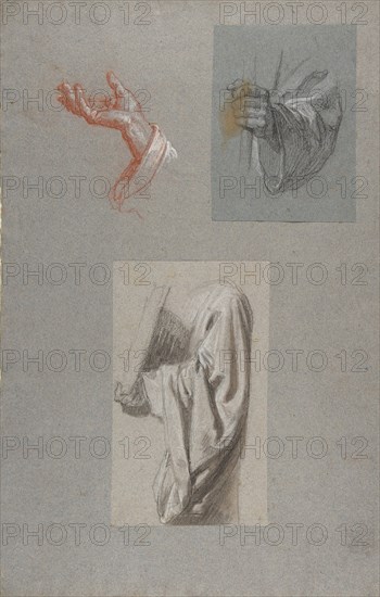 a. Hand of Saint Remi; b. Hand of Saint Remi; c. Drapery Study for Acolyte Holding Book (middle register); (studies for wall paintings in the Chapel of Saint Remi, Sainte-Clotilde, Paris, 1858), 19th century.